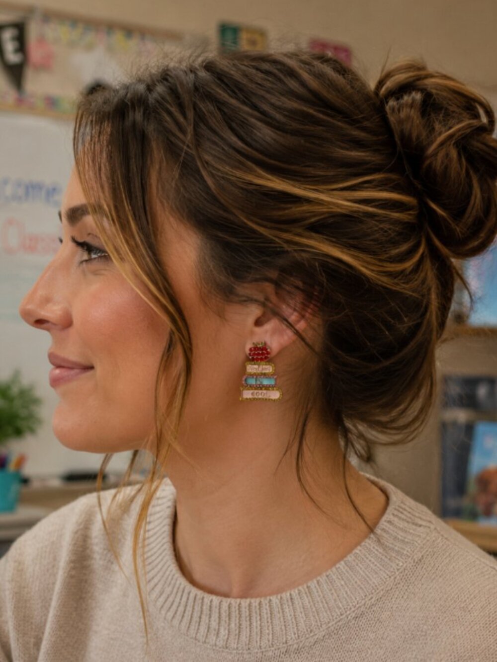 NEW Reading is Cool Crystal Adorned Stud Earrings Books Apple Teachers Gift